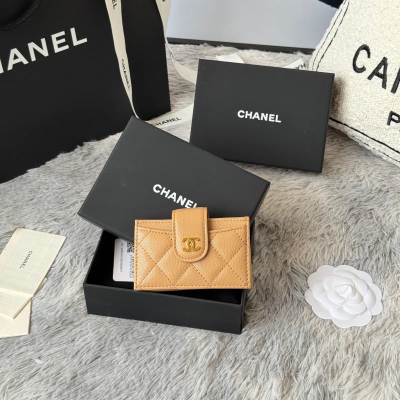 CC Accordion Card Holder Beige Gold-tone Metal Caviar 242661