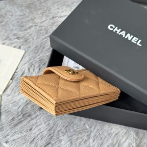 CC Accordion Card Holder Beige Gold-tone Metal Caviar 242661