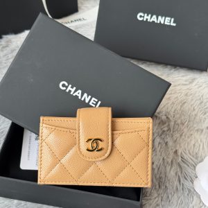 CC Accordion Card Holder Beige Gold-tone Metal Caviar 242661