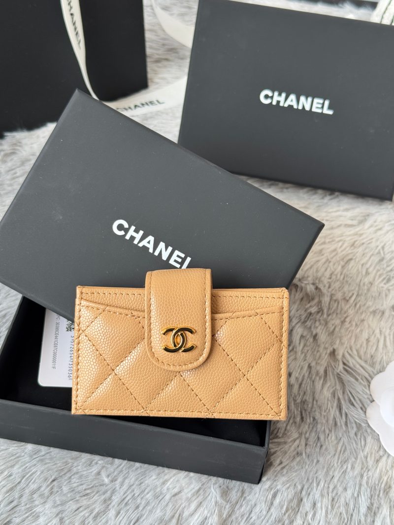 CC Accordion Card Holder Beige Gold-tone Metal Caviar 242661