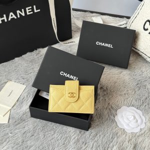 CC Accordion Card Holder Yellow Gold-tone Metal Caviar 242665