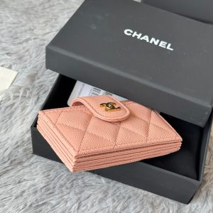 CC Accordion Card Holder Pink Gold-tone Metal Caviar 242667