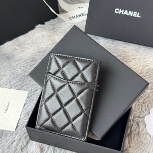 CC Carld Holder Black Sliver-tone Metal Lamskin 242674