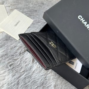 CC Carld Holder Black Golden- tone Metal Grain Calfskin 242680