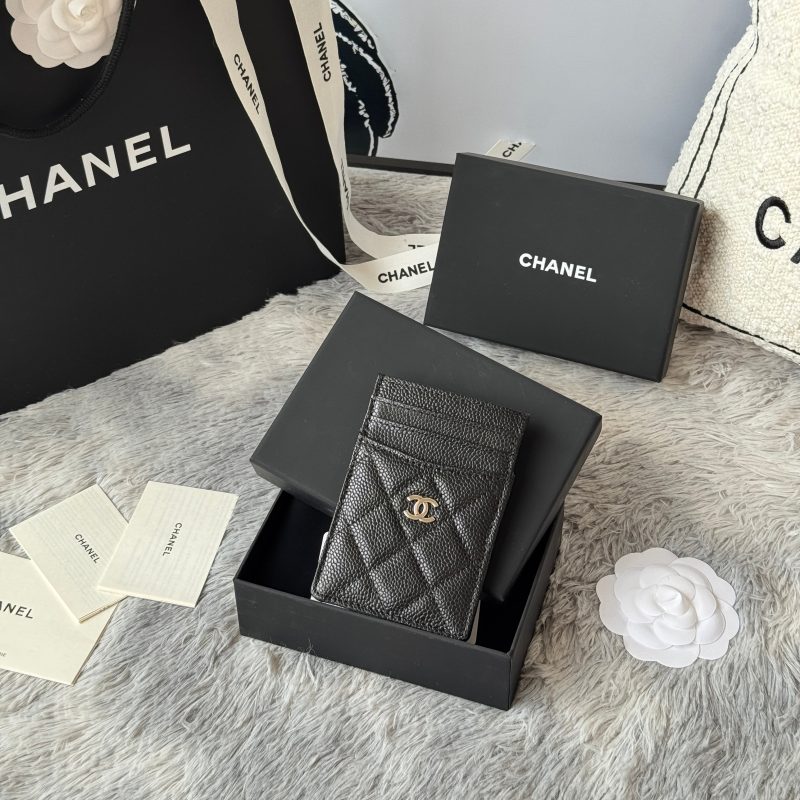 CC Carld Holder Black Golden- tone Metal Grain Calfskin 242680