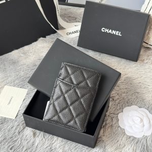 CC Carld Holder Black Sliver-tone Metal Grain Calfskin 242678