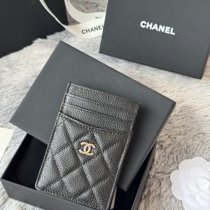 CC Carld Holder Black Golden- tone Metal Grain Calfskin 242680