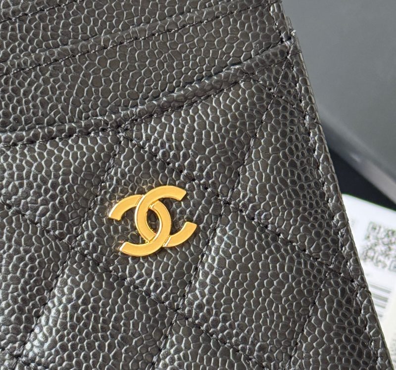 CC Carld Holder Black Gold-tone Metal Grain Calfskin 242682