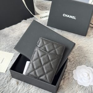 CC Carld Holder Black Gold-tone Metal Grain Calfskin 242682