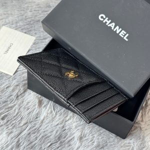 CC Carld Holder Black Gold-tone Metal Grain Calfskin 242682