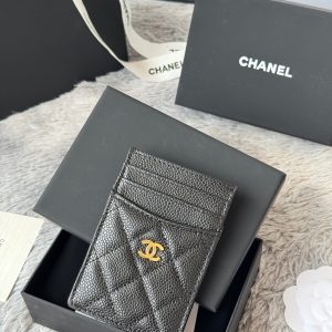 CC Carld Holder Black Gold-tone Metal Grain Calfskin 242682