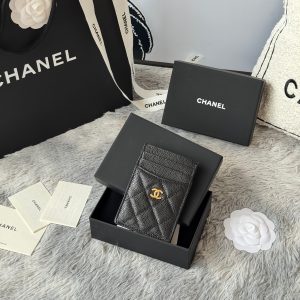 CC Carld Holder Black Gold-tone Metal Grain Calfskin 242682