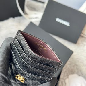 CC Carld Holder Black Gold-tone Metal Grain Calfskin 242682