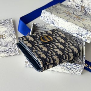 CD 30 Montaigne Dahlia Wallet 12cm Blue Fabric & Calfskin Jacquard