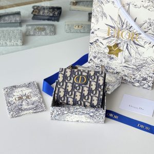 CD 30 Montaigne Dahlia Wallet 12cm Blue Fabric & Calfskin Jacquard