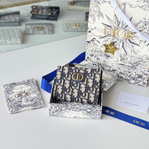 CD 30 Montaigne Dahlia Wallet 12cm Blue Fabric & Calfskin Jacquard