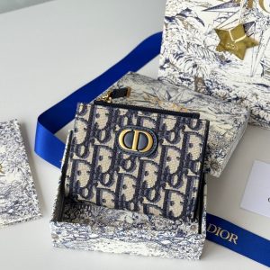 CD 30 Montaigne Dahlia Wallet 12cm Blue Fabric & Calfskin Jacquard