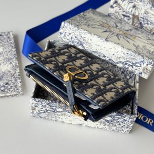 CD 30 Montaigne Dahlia Wallet 12cm Blue Fabric & Calfskin Jacquard