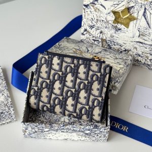 CD 30 Montaigne Dahlia Wallet 12cm Blue Fabric & Calfskin Jacquard