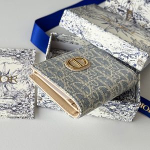 CD 30 Montaigne Dahlia Wallet 12cm Grey Beige Fabric & Calfskin Jacquard