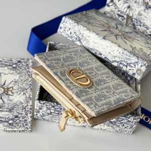 CD 30 Montaigne Dahlia Wallet 12cm Grey Beige Fabric & Calfskin Jacquard