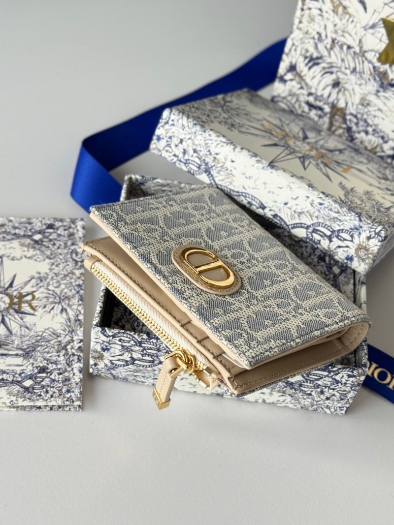 CD 30 Montaigne Dahlia Wallet 12cm Grey Beige Fabric & Calfskin Jacquard