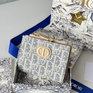 CD 30 Montaigne Dahlia Wallet 12cm Grey Beige Fabric & Calfskin Jacquard