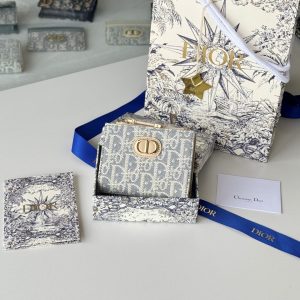 CD 30 Montaigne Dahlia Wallet 12cm Grey Beige Fabric & Calfskin Jacquard