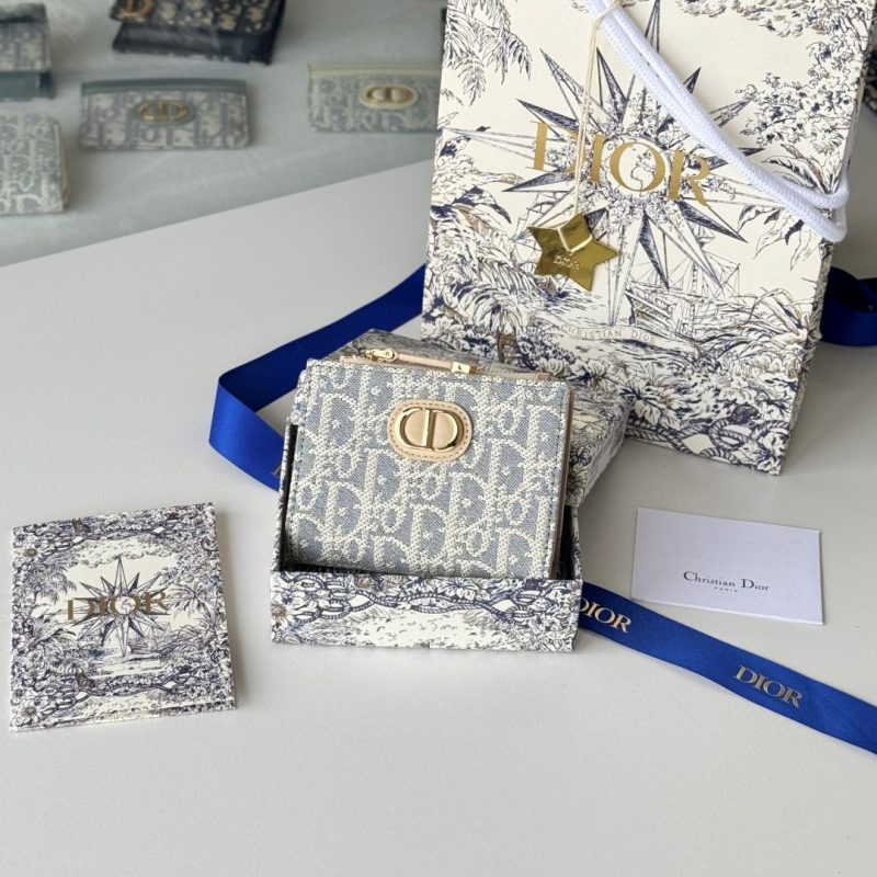 CD 30 Montaigne Dahlia Wallet 12cm Grey Beige Fabric & Calfskin Jacquard