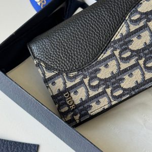 CD Saddle Long Vertical Wallet Black Beige Cowhide & Jacquard