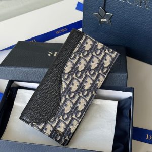 CD Saddle Long Vertical Wallet Black Beige Cowhide & Jacquard