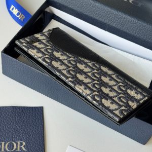 CD Saddle Long Vertical Wallet Black Beige Cowhide & Jacquard