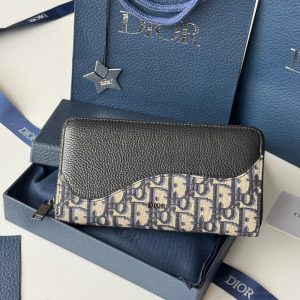 CD Saddle Long Zipped Wallet Black Beige Grain Cowhide & Jacquard