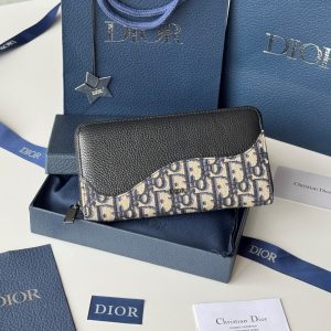 CD Saddle Long Zipped Wallet Black Beige Grain Cowhide & Jacquard