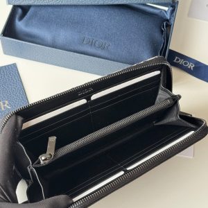 CD Saddle Long Zipped Wallet Black Beige Grain Cowhide & Jacquard