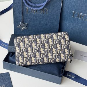 CD Saddle Long Zipped Wallet Black Beige Grain Cowhide & Jacquard