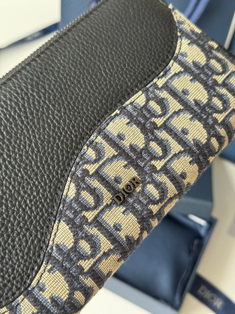 CD Saddle Long Zipped Wallet Black Beige Grain Cowhide & Jacquard