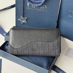 CD Saddle Long Zipped Wallet Black Grain Cowhide & Jacquard