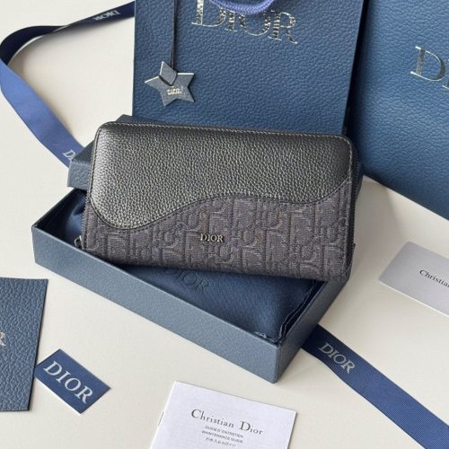 CD Saddle Long Zipped Wallet Black Grain Cowhide & Jacquard