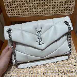 YSL Loulou Puffer Quilted Bag White Silver Lambskin 338859