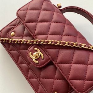 CC Handle Bag 19cm Double C Burgundy Lambskin Gold Hardware