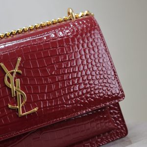 YSL Medium Sunset Shoulder Bag 22cm Burgundy Crocodile Pattern Leather