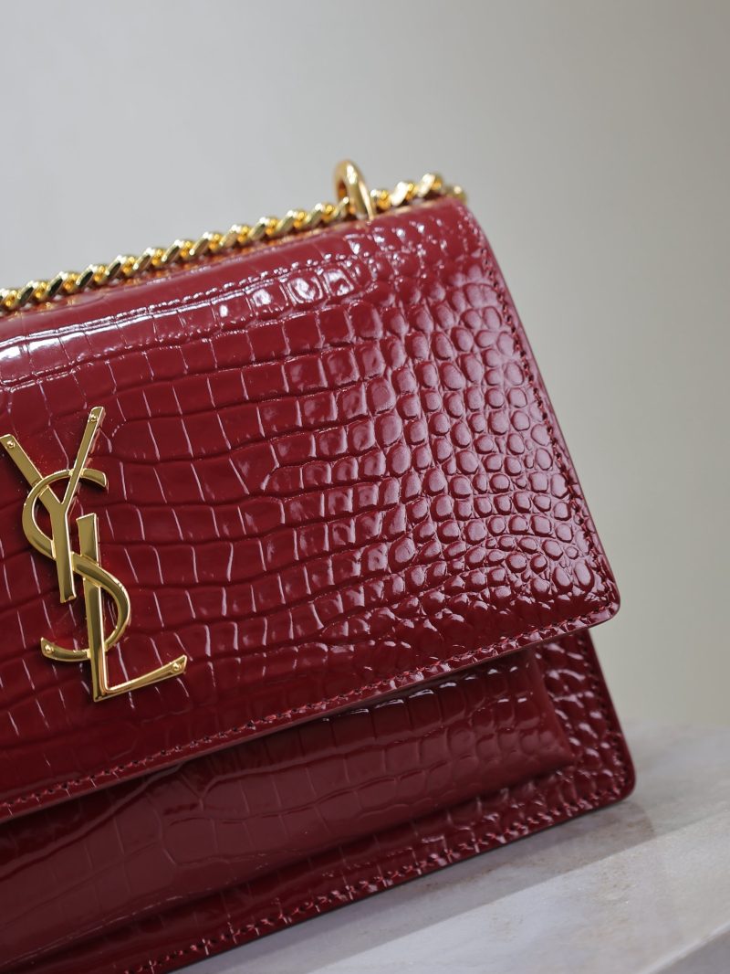 YSL Medium Sunset Shoulder Bag 22cm Burgundy Crocodile Pattern Leather