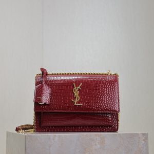 YSL Medium Sunset Shoulder Bag 22cm Burgundy Crocodile Pattern Leather