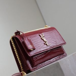 YSL Medium Sunset Shoulder Bag 22cm Burgundy Crocodile Pattern Leather