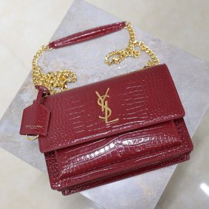 YSL Medium Sunset Shoulder Bag 22cm Burgundy Crocodile Pattern Leather