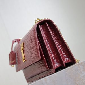 YSL Medium Sunset Shoulder Bag 22cm Burgundy Crocodile Pattern Leather