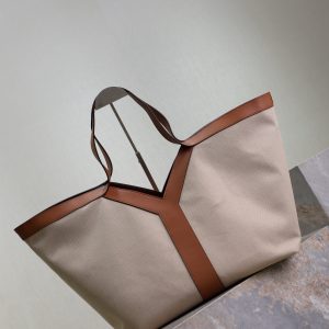 Y Tote Bag Beige Brown Canvas Leather