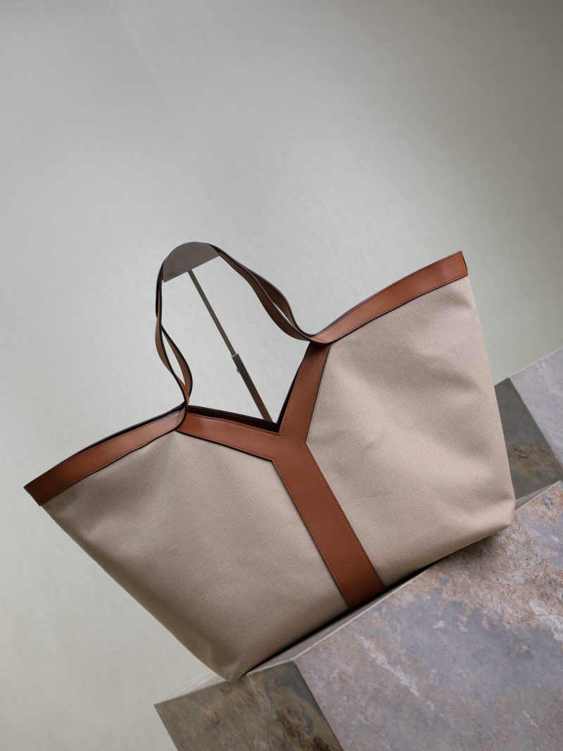 Y Tote Bag Beige Brown Canvas Leather