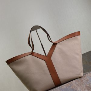 Y Tote Bag Beige Brown Canvas Leather
